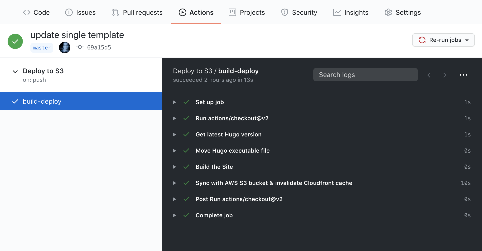 Github Actions interface showing completed job